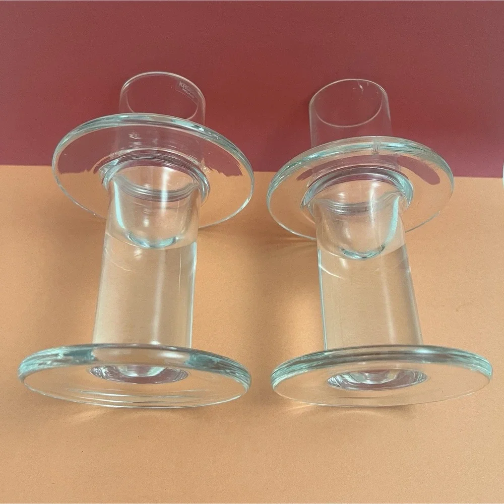 Vintage Krosno Glass Candle Holders Poland 2 Candle Stick Clear Tall Deco